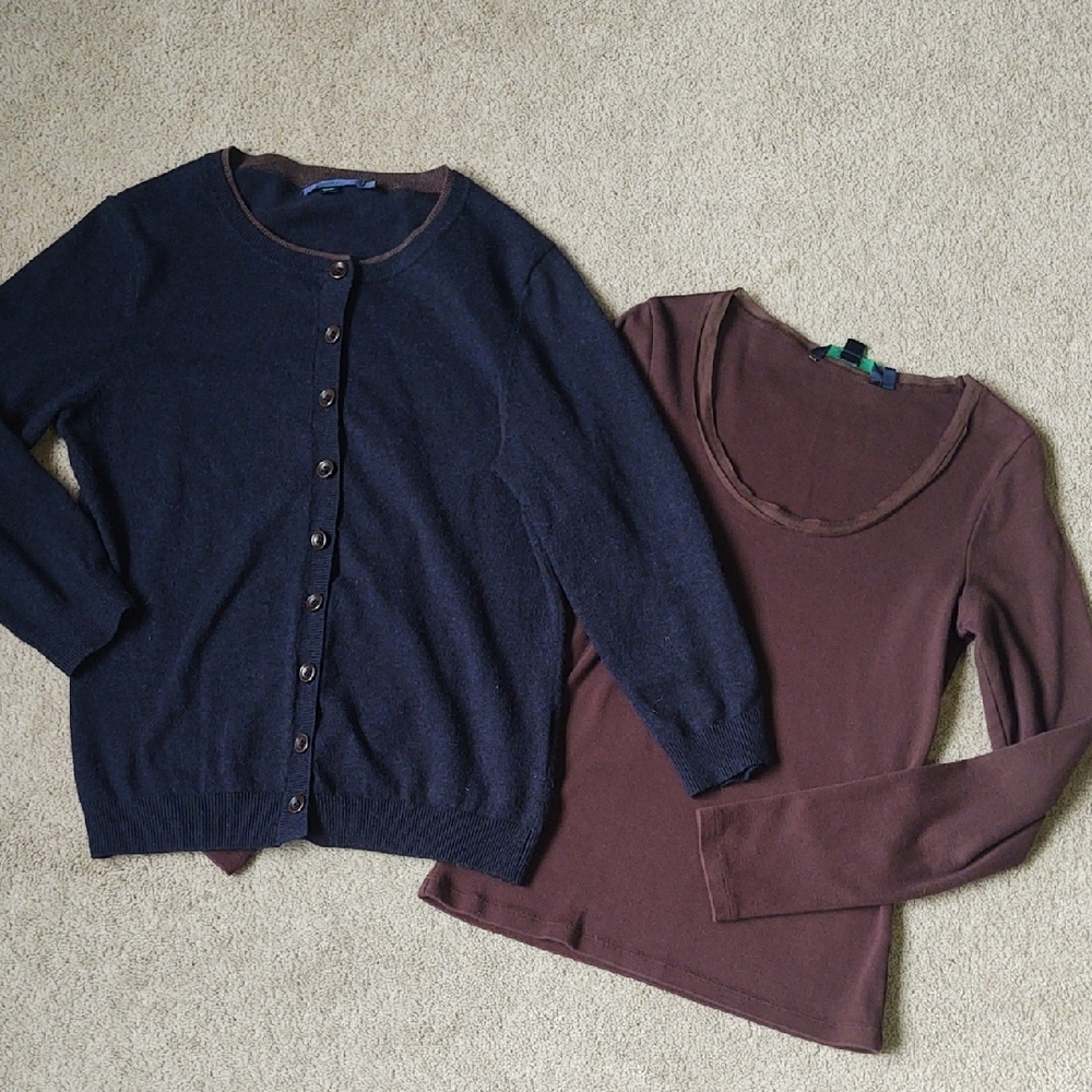 Set of Boden basics - navy cardigan and brown long sleeve tee
